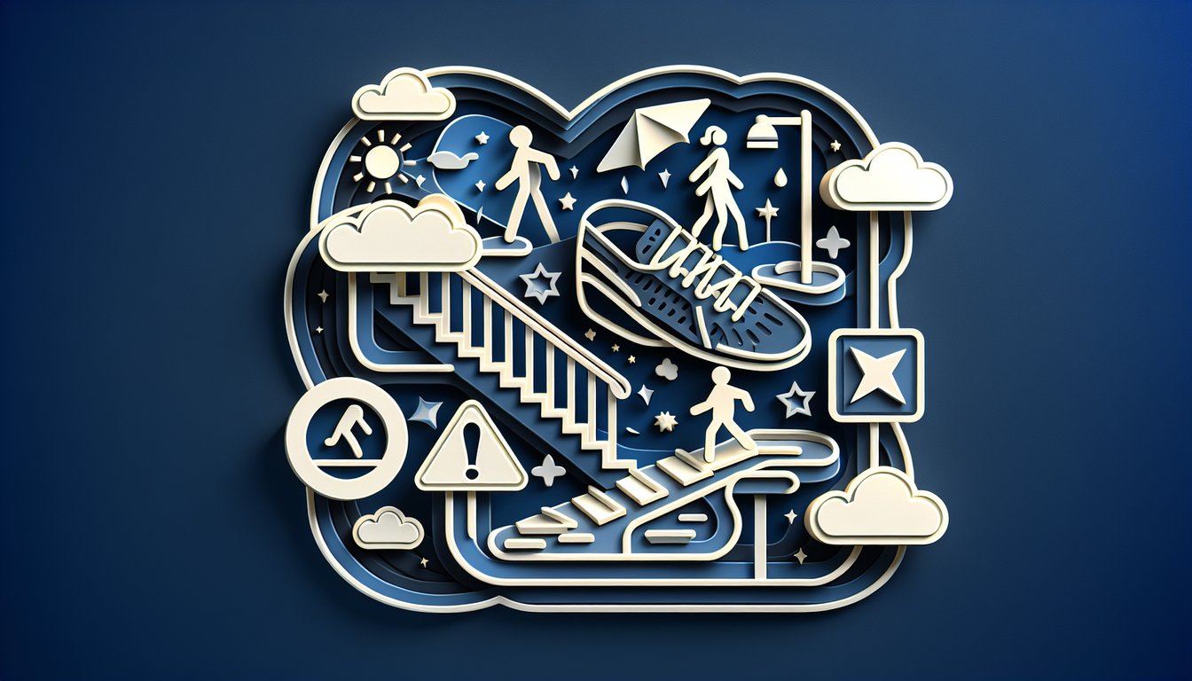 Paper art fall prevention quiz with safety icons question icon score meter and safety tips on dark blue background
