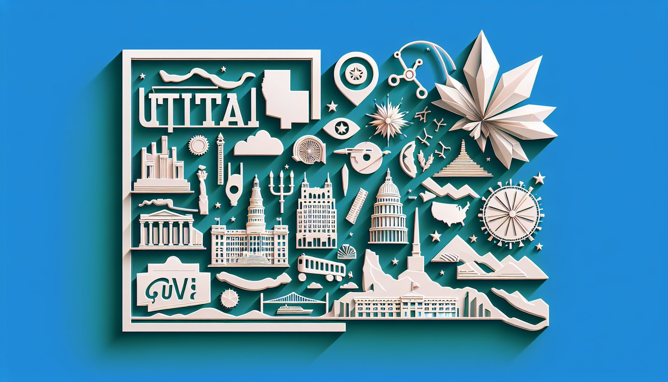 Paper art illustration for Utah trivia quiz on teal background