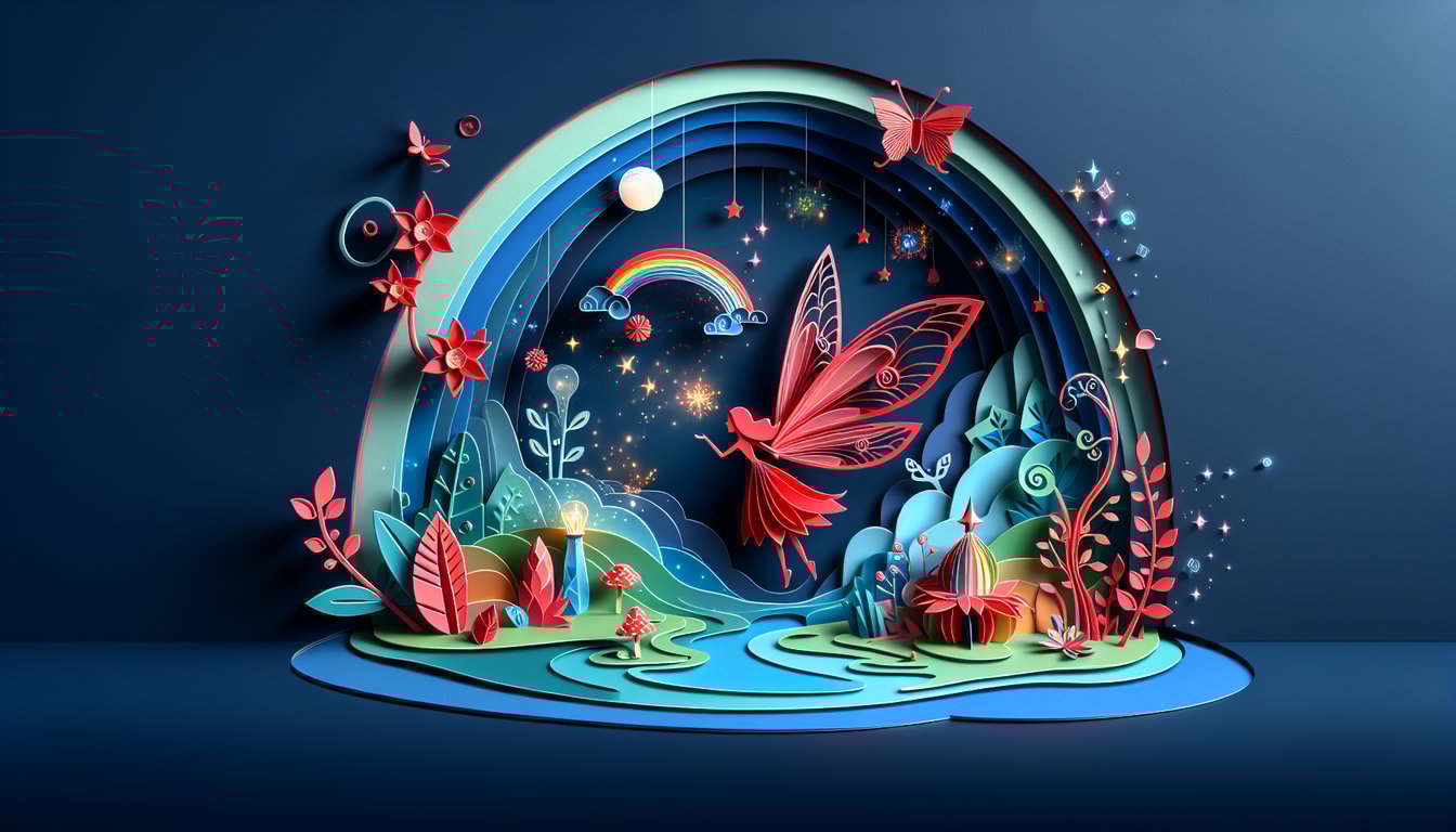 Paper art of Ruby the Red Fairy with ruby gems and sparkles on dark blue background for Rainbow Magic trivia quiz