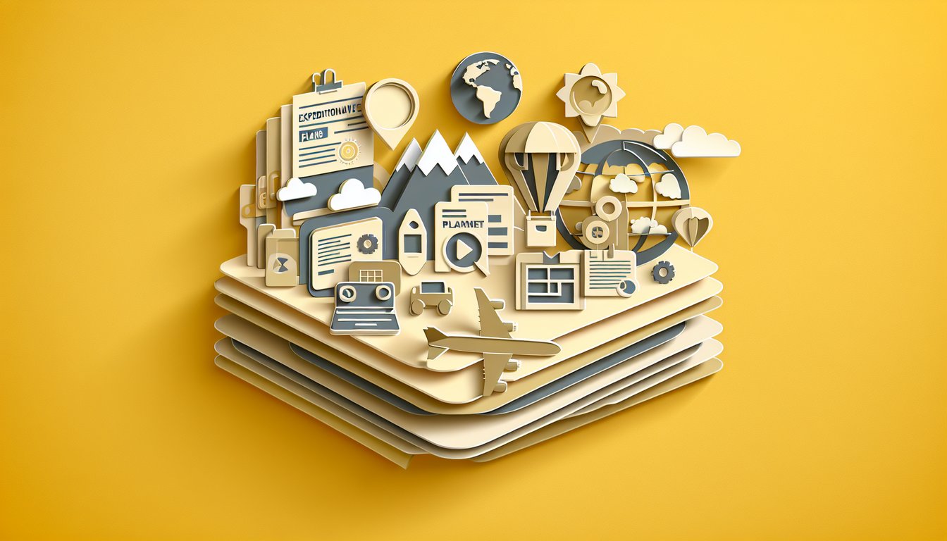 Paper art illustration depicting quiz theme communications expeditionary plans project management on golden yellow background