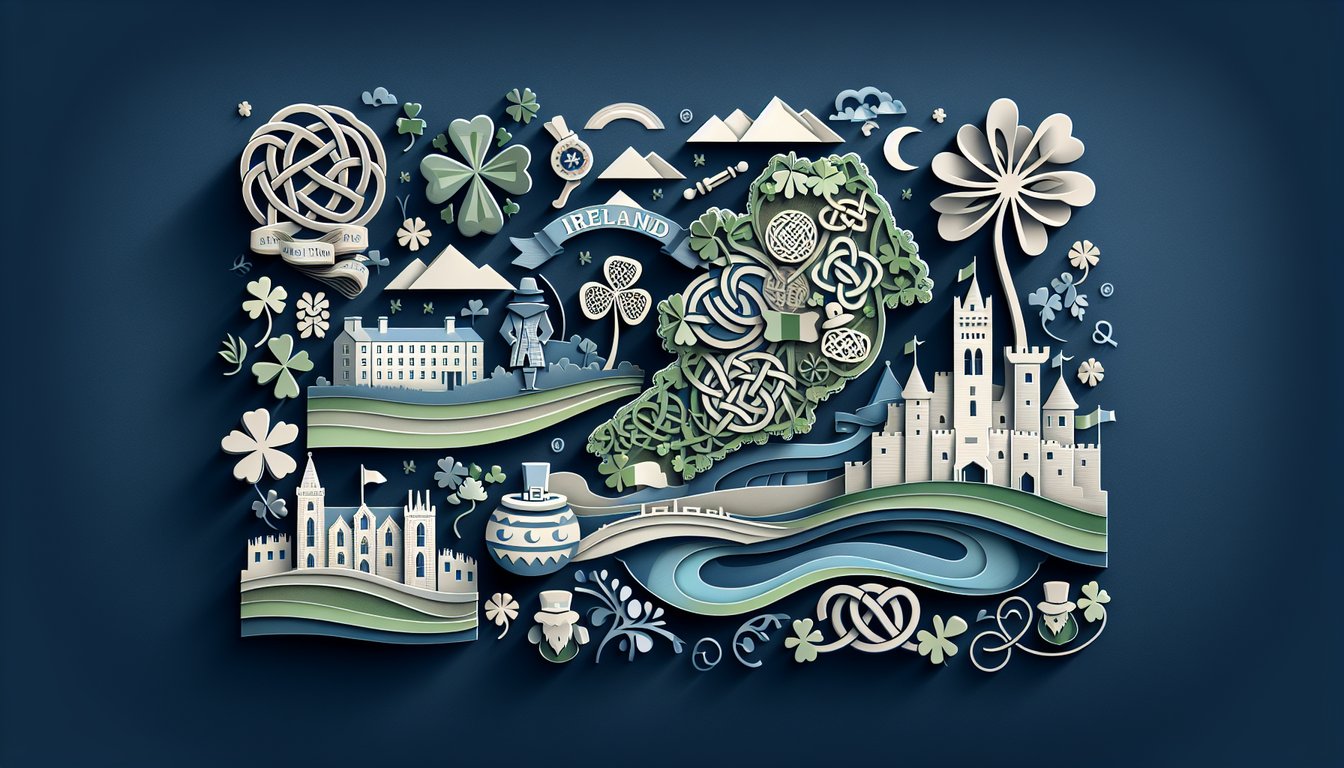 Paper art collage of Ireland map shamrock harp Celtic knot and historic symbols on dark blue background