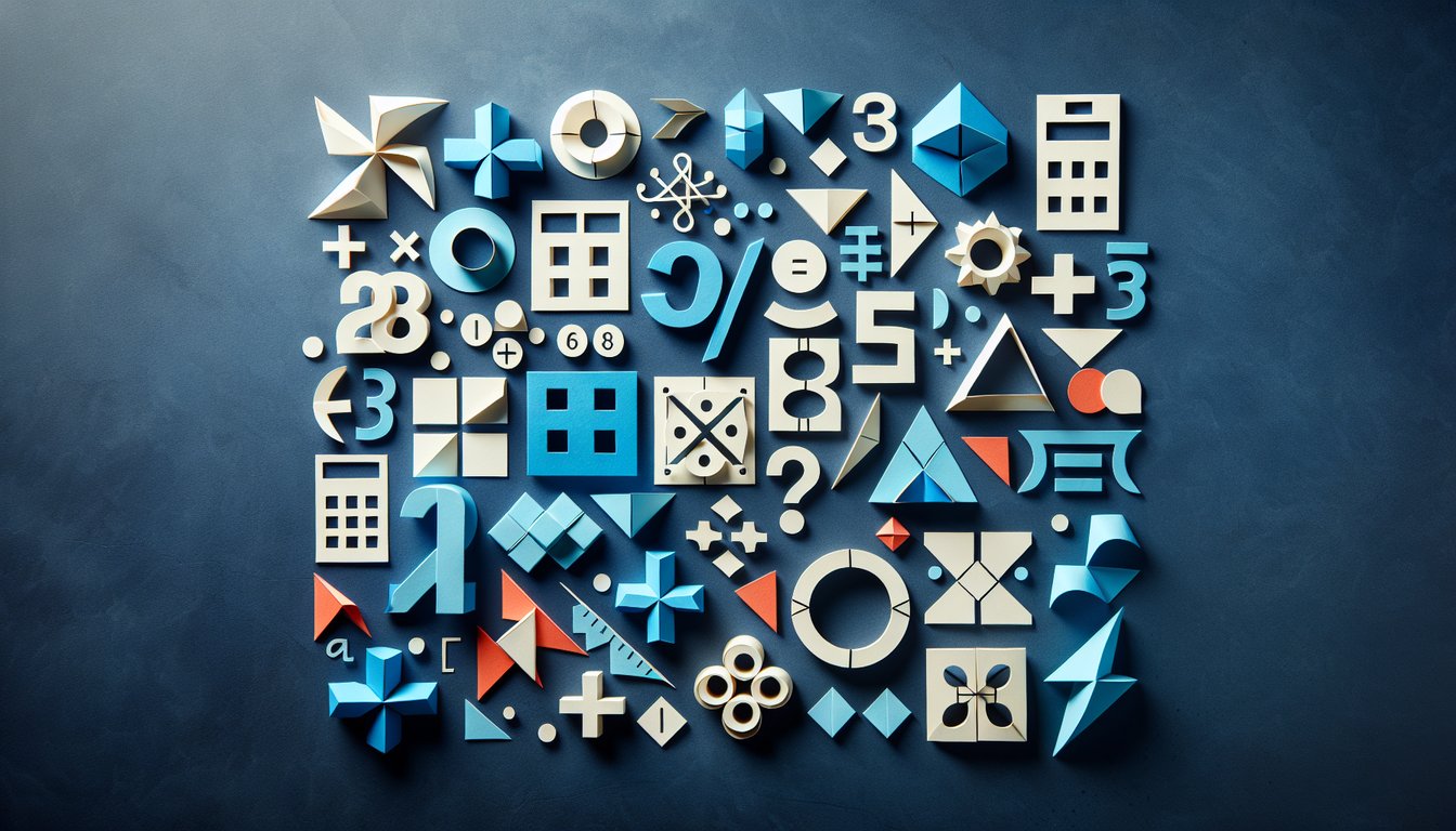 Colorful paper art promoting PEMDAS Power Play, an interactive math quiz for middle school students.