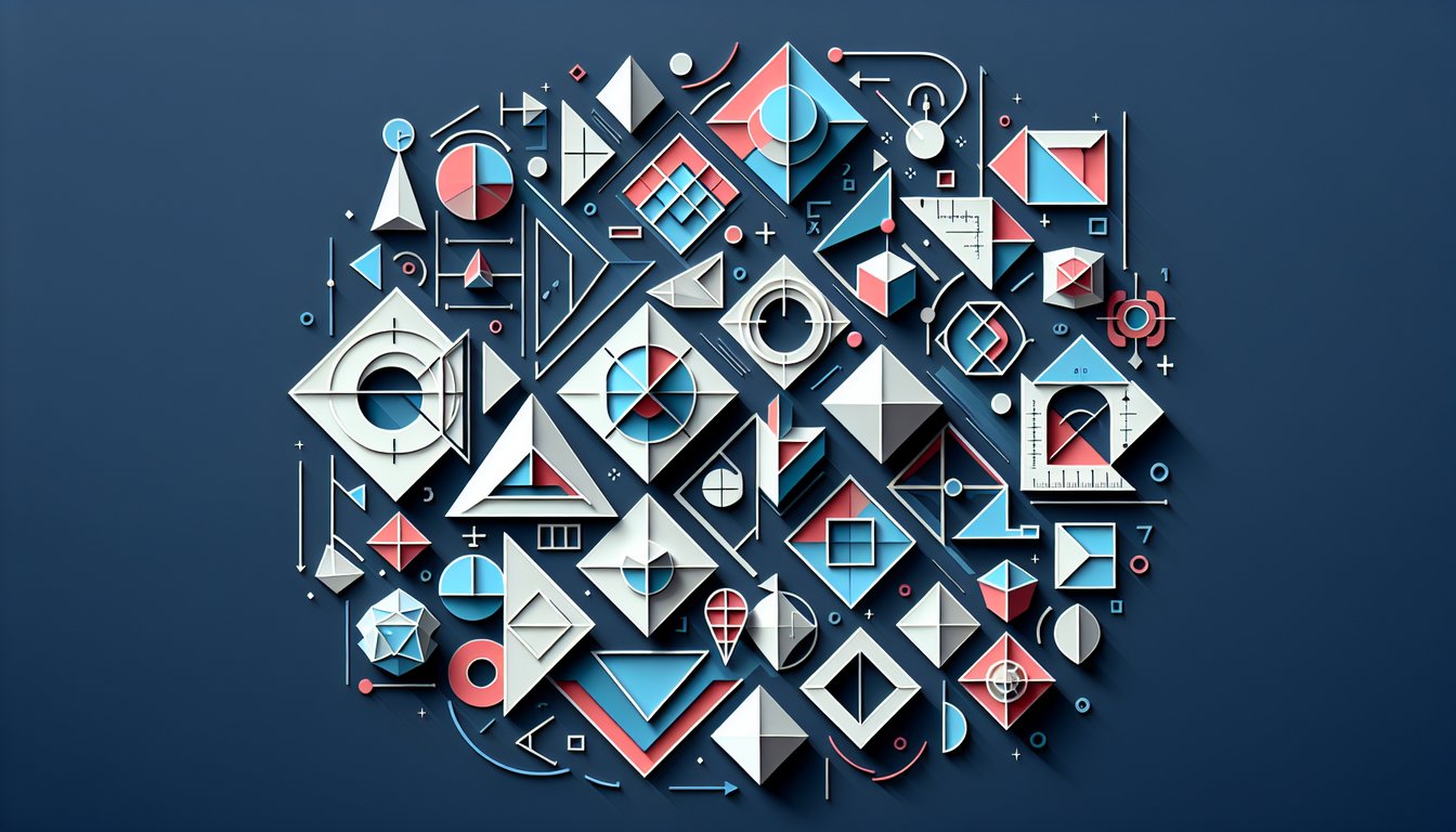 Colorful paper art quadrilateral shapes on dark blue background for free geometry quiz challenge