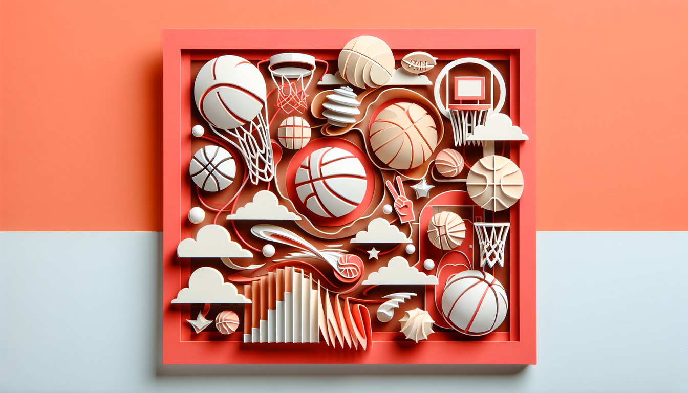 Paper art illustration style basketball hoop question mark quiz icons on coral background