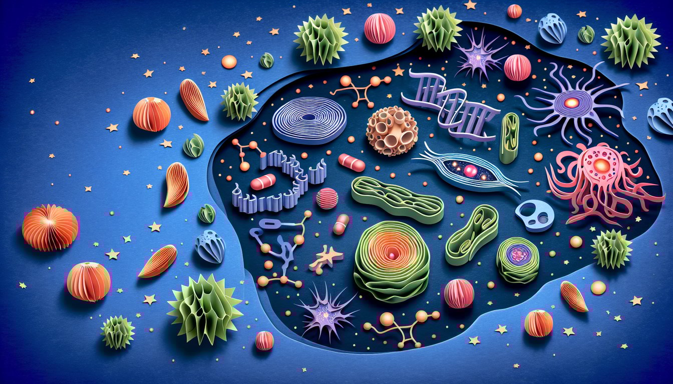 Paper art depicting a trivia quiz on Cell Organelle Quest for high school biology students.