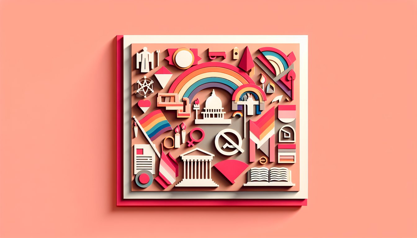 paper art letters spelling pride trivia quiz surrounded by rainbow icons and paper stars on coral background