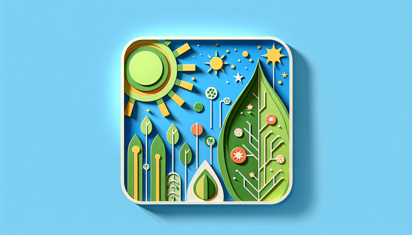 Paper art illustration for Photosynthesis Quiz with multiple-choice questions on sky blue background