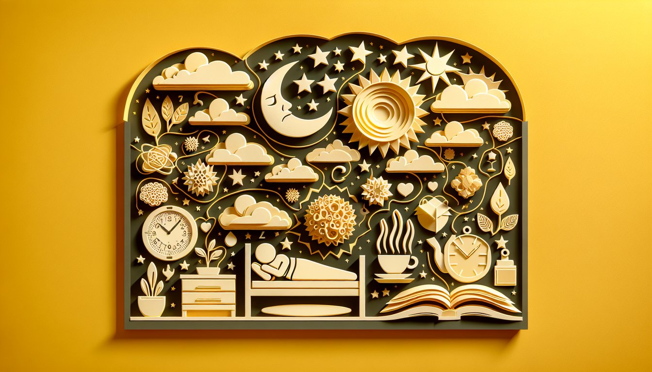 Paper cut art showing a crescent moon, alarm clock, and notepad on golden yellow background symbolizing insomnia quiz