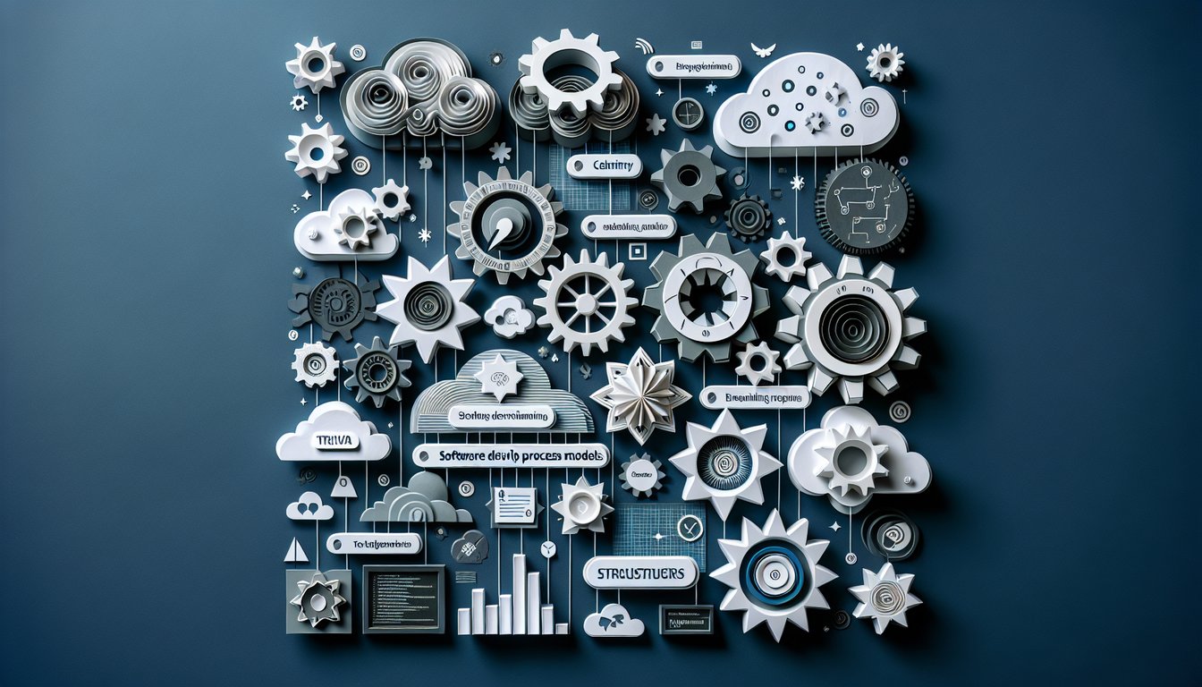 Colorful paper art depicting elements related to Software Development Process Models Quiz