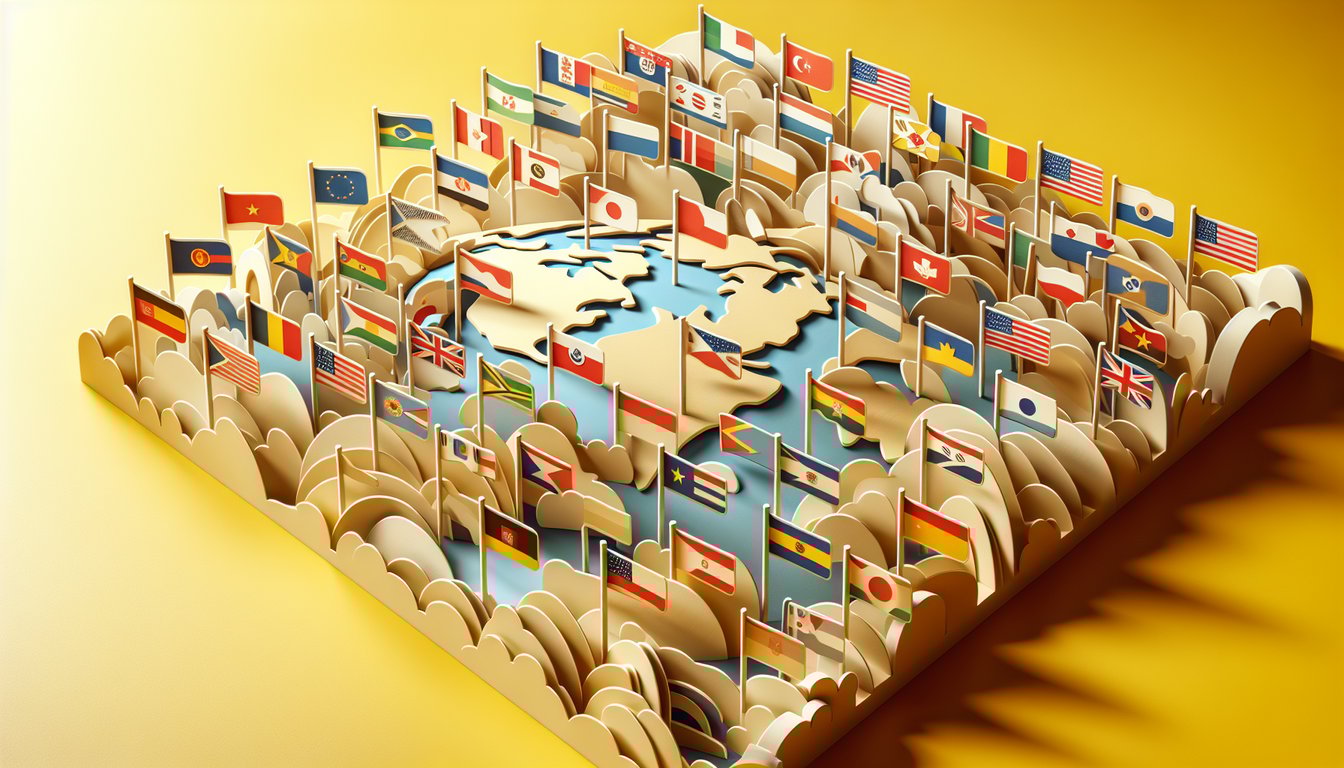 Paper art illustration on golden yellow background featuring emoji style Micronesia flag and other country flags for a quiz