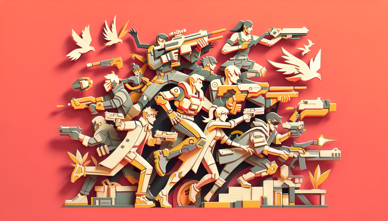 Paper art style coral background with Overwatch 2 support character icons and quiz banner inviting playstyle match