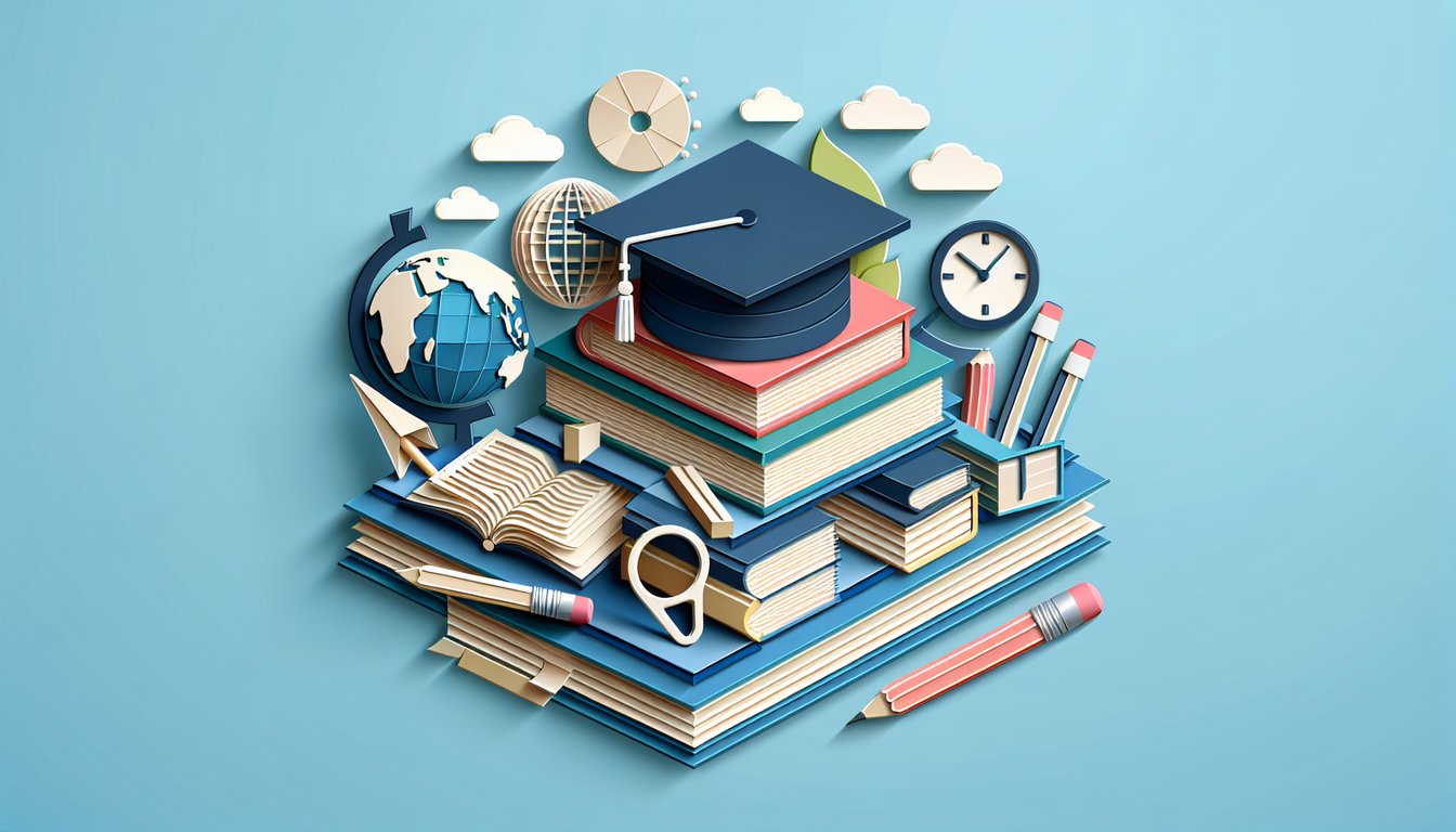 Paper art illustration of quiz cards and chart on sky blue background showing English syllabus concepts and results