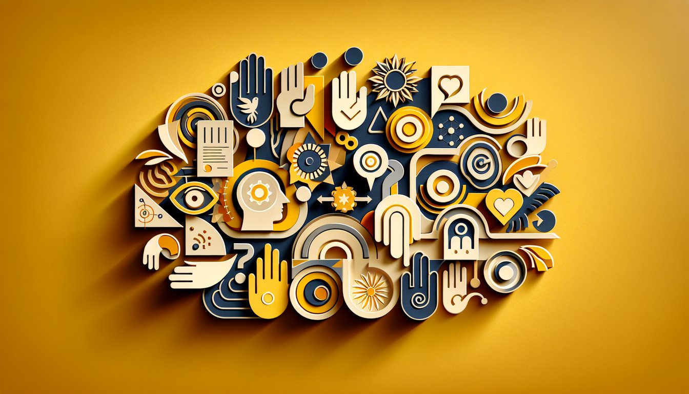 Paper art illustration for a communication style quiz on a golden yellow background