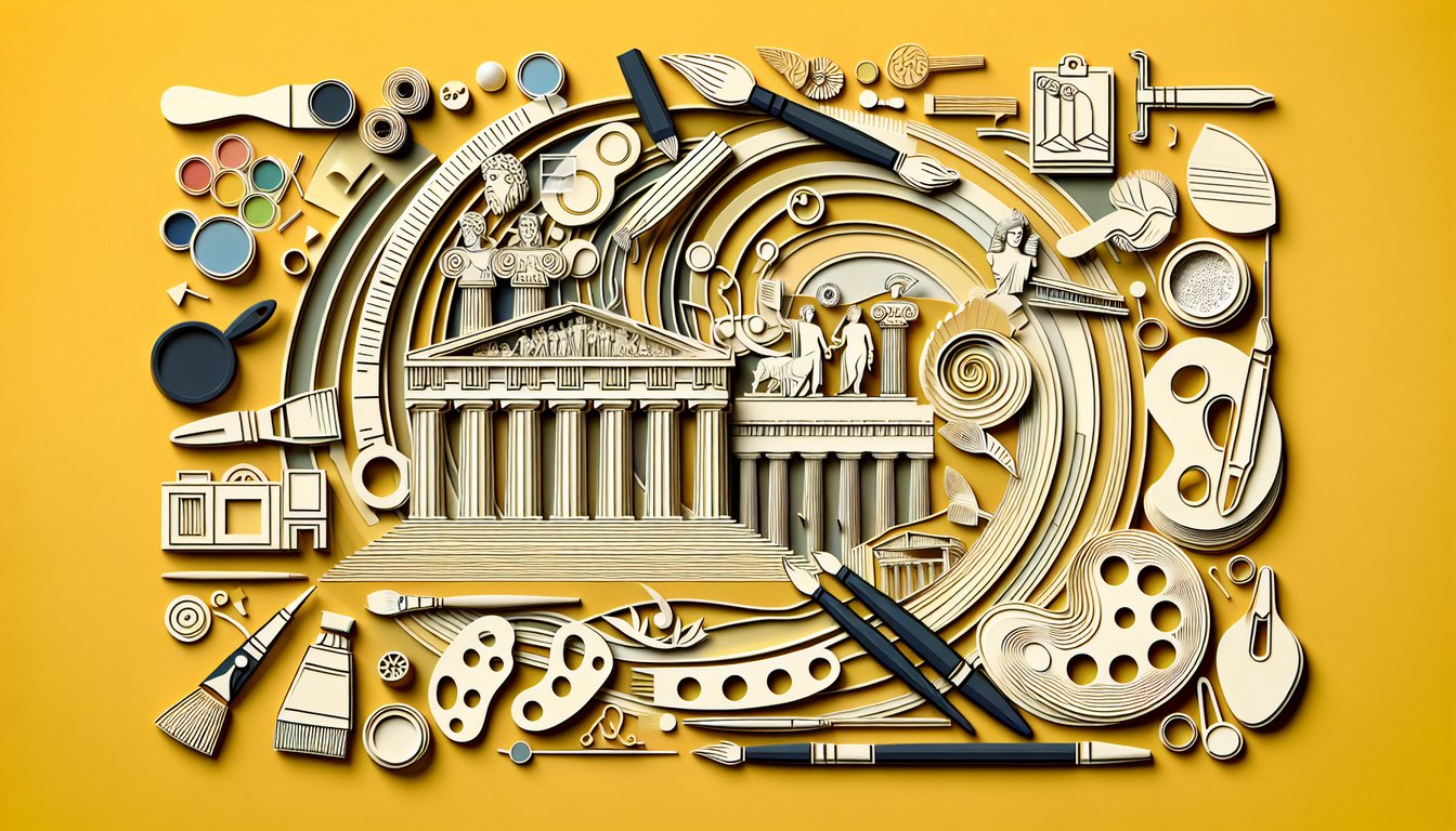 Paper art collage of sculpture painting abstract shapes on golden yellow background for free Art History AP practice quiz