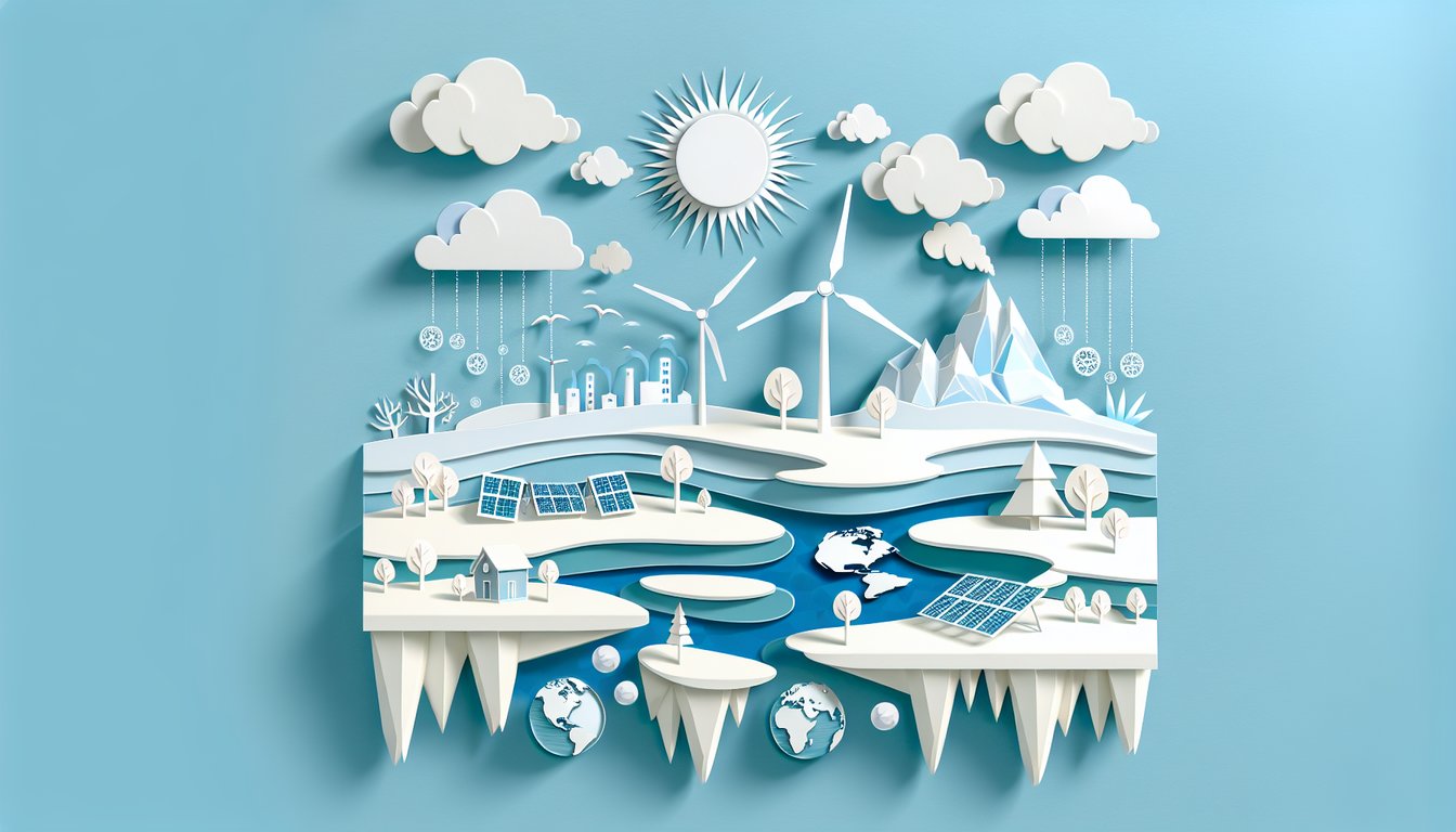 Paper art quiz with earth, thermometer, leaves and gas molecules on sky blue background inviting climate knowledge test.