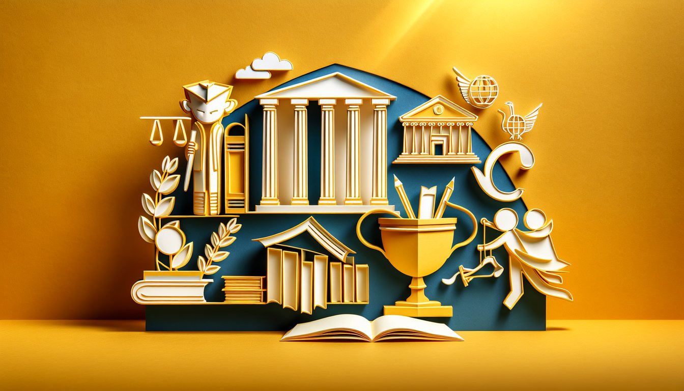 Paper art style golden yellow background with stacked books, ballots, stylized capitol dome, AP Gov quiz text