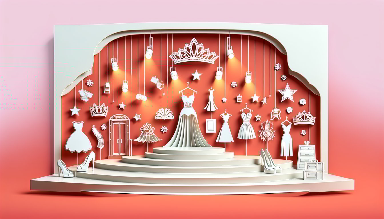 Paper art illustration of crowned contestant in evening gown holding trophy and sash on coral background