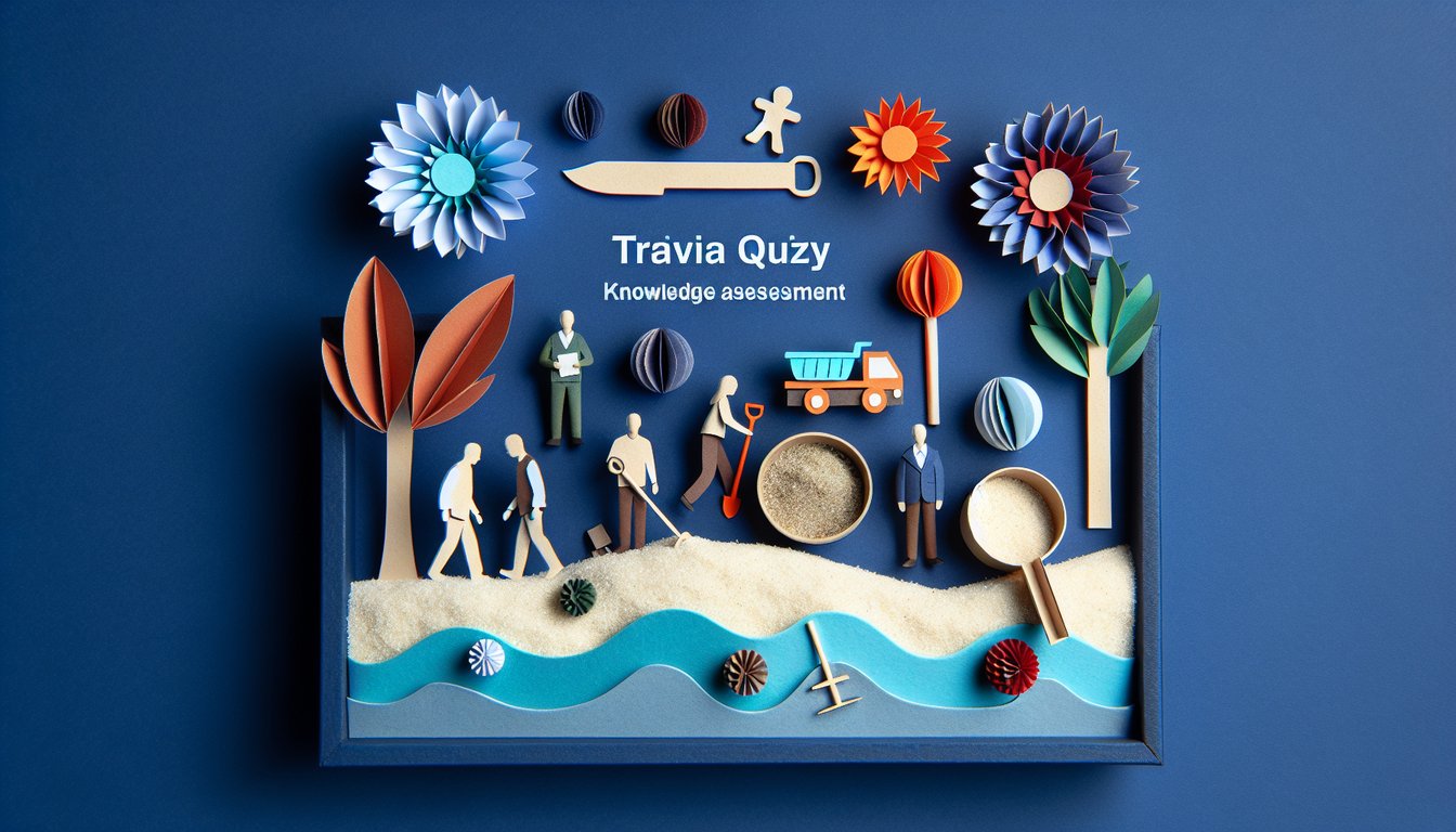 Colorful paper art promoting a quiz on Sandtray Therapy Knowledge Assessment.