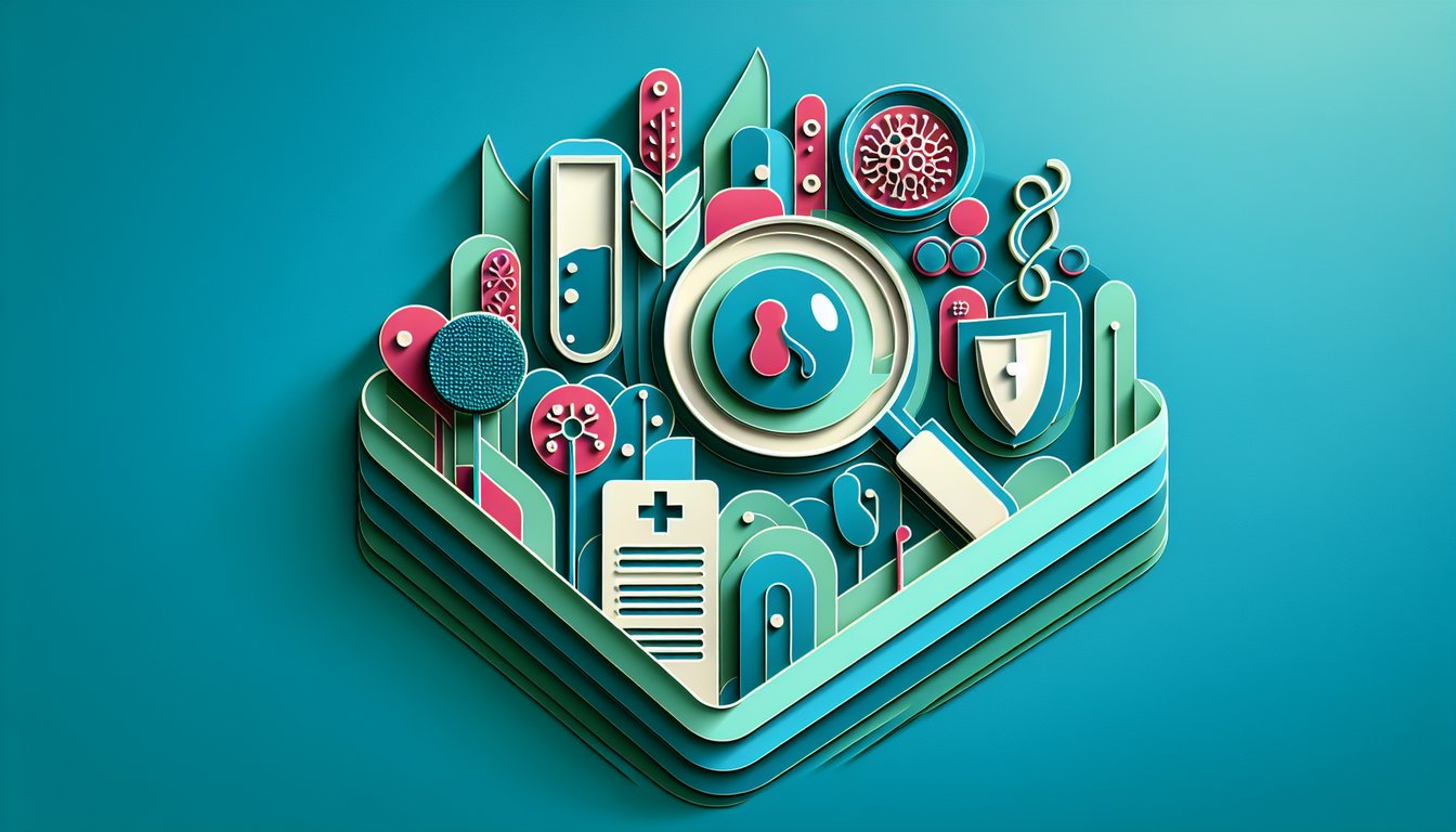 Paper art style illustration with stylized microbes medical icons for chlamydia yeast infection quiz on teal background