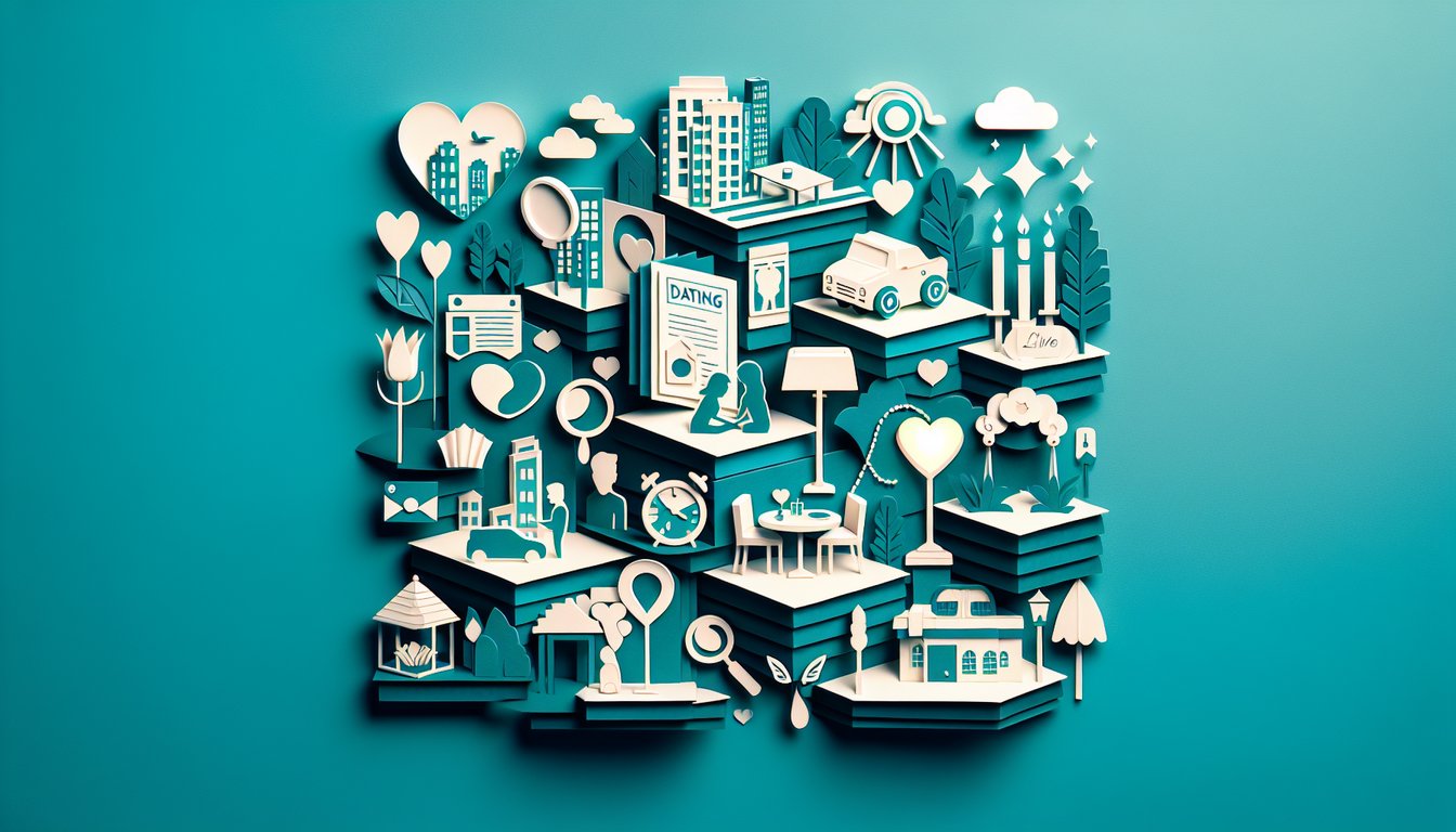 Paper art illustration for a dating style and confidence level quiz on a teal background