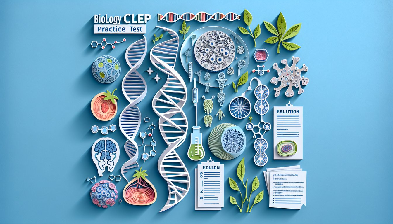 Paper cutout quiz header with CLEP biology practice test title and DNA strand leaf microscope icons on sky blue background