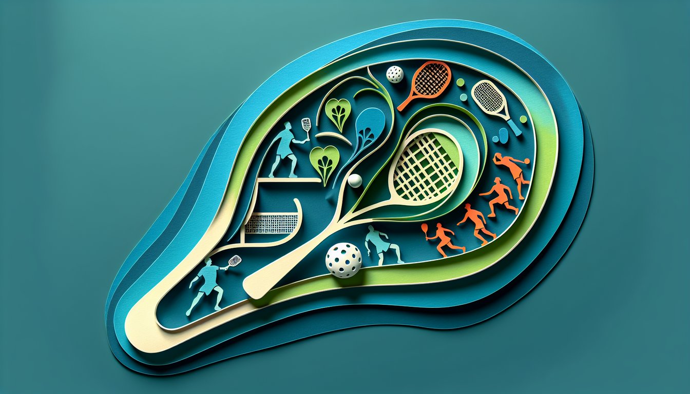 Teal background with paper cut pickleball paddle, ball, rating bar, quiz text inviting players to test and improve skills