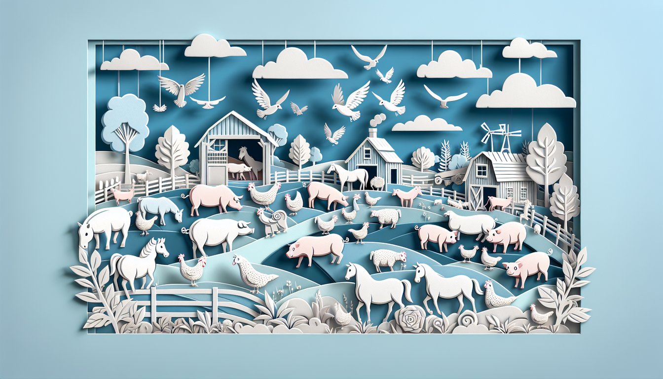 Paper art quiz graphic with farm animals and PDF booklet on sky blue background highlighting Animal Farm chapters 1-10
