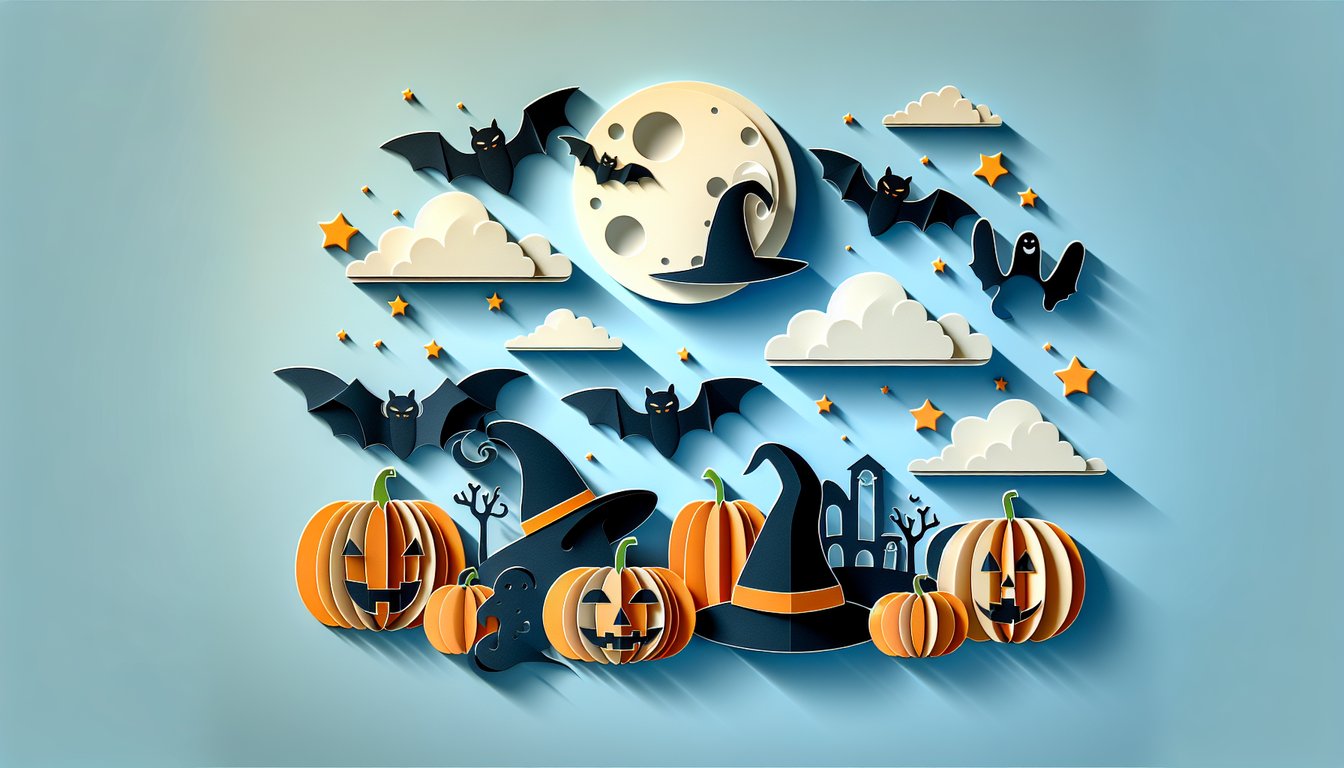 Paper art illustration for Halloween costume quiz on a sky blue background
