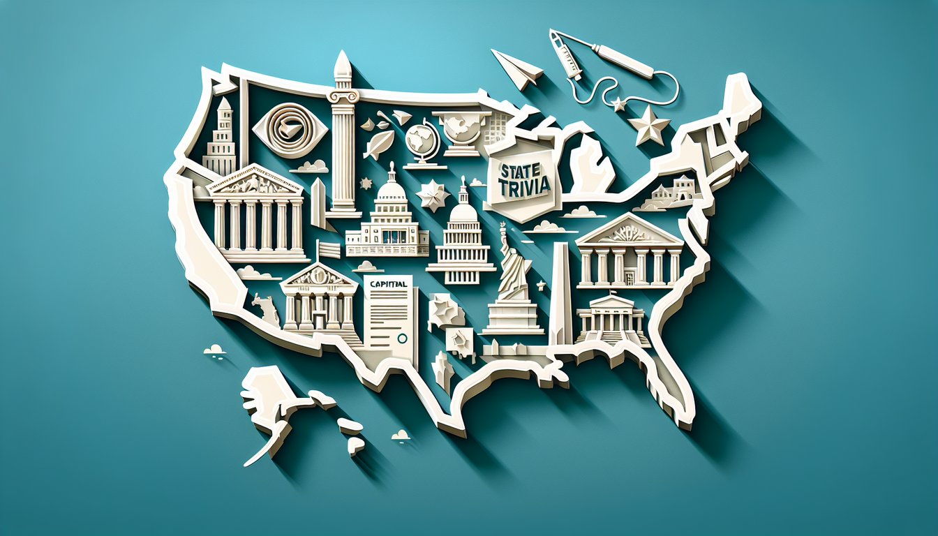 Paper art style collage of US state capitals landmarks quiz icons on teal background
