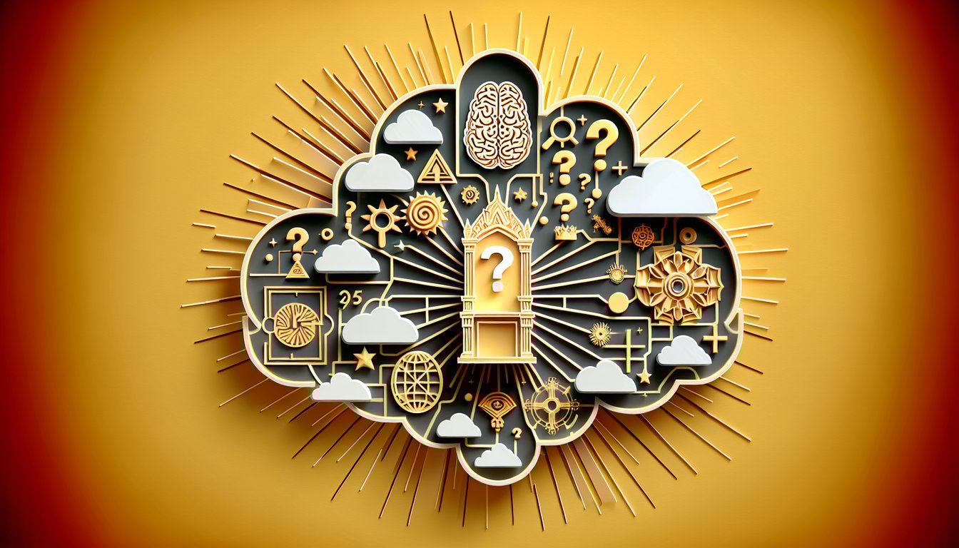 Paper art illustration for God Complex Test on a golden yellow background.