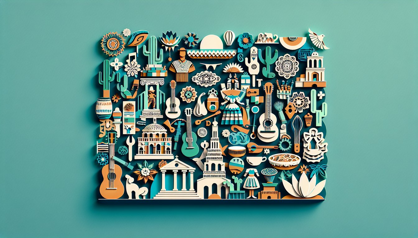 Paper art illustration for Hispanic heritage month trivia quiz on teal background