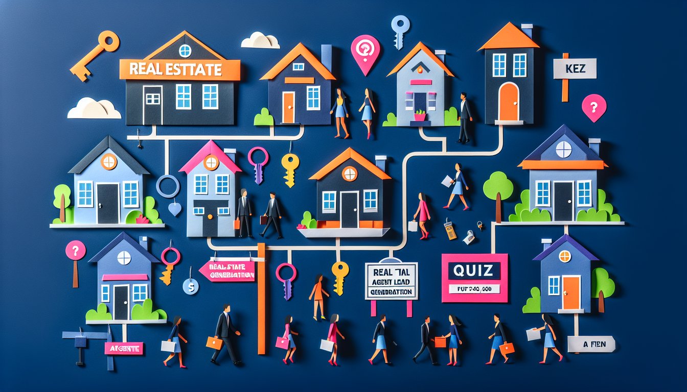 Colorful paper art depicting elements of a quiz on real estate agent lead generation