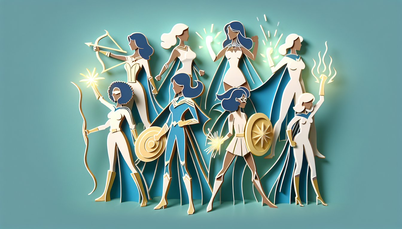 paper art illustration for female Avenger personality quiz on teal background with layered hero silhouettes and quiz title