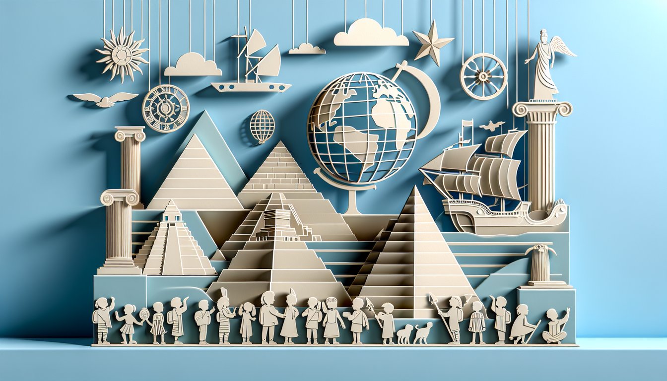 Paper art collage of 5th grade history quiz title with books, globe, pencil on sky blue background.