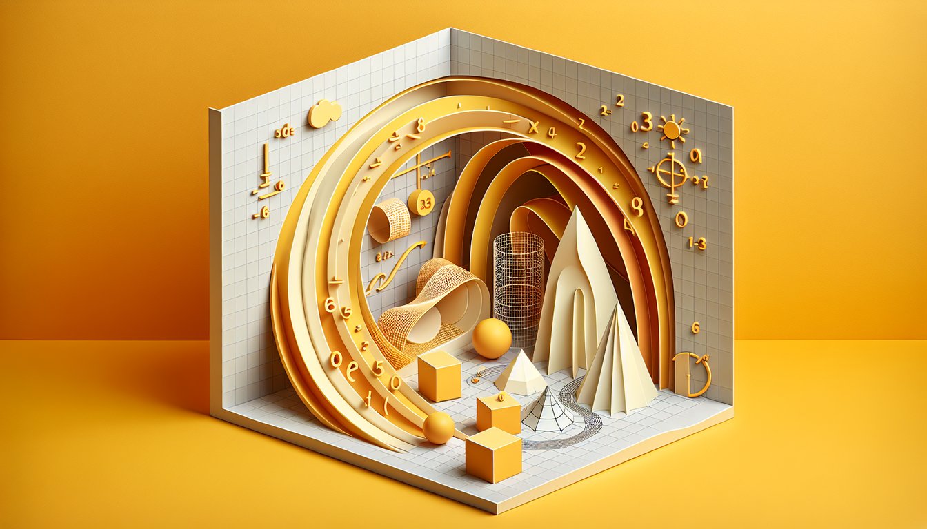 Paper art of mathematical curves and solids on a yellow background for a quiz on definite integral area volume curve length