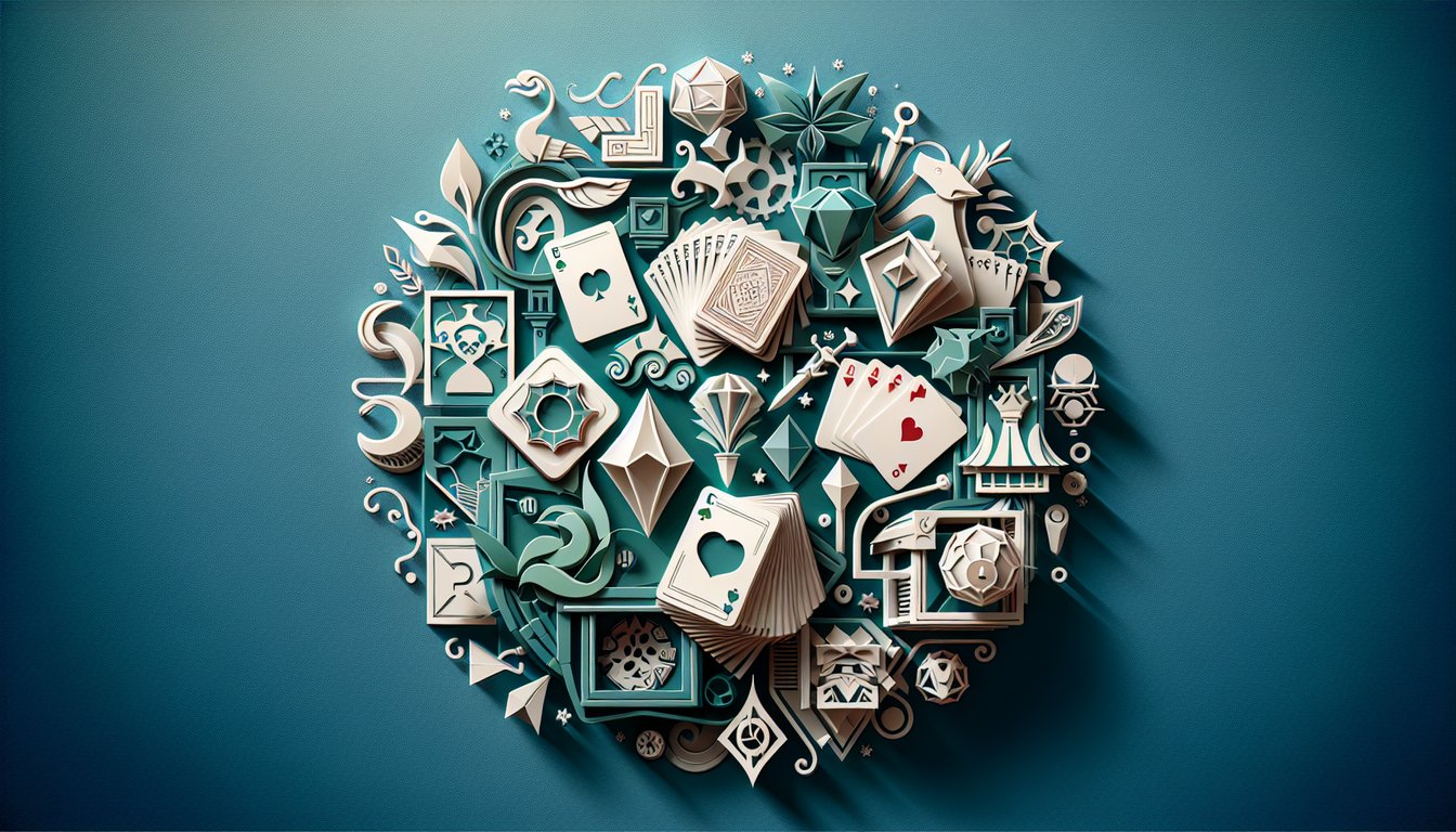 Paper art playing cards spread on teal background with quiz title banner showing question marks and score icons