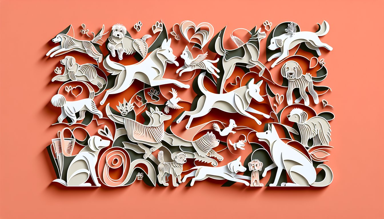 Paper art illustration of playful dogs emerging from torn coral background for what type of dog am I quiz