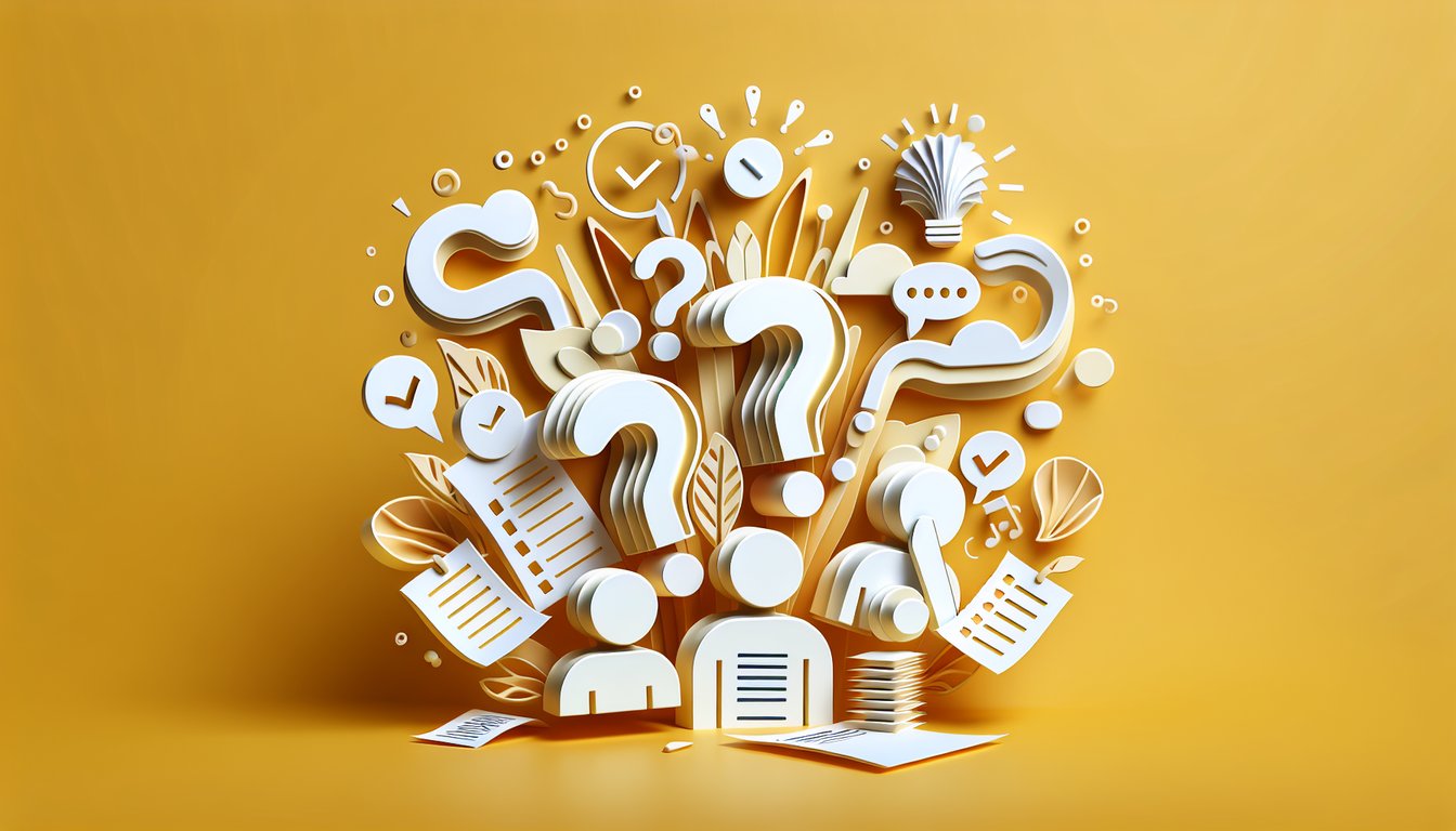 Paper art style multiple choice quiz scene with question cards pencils checkmarks and icons on golden yellow background.