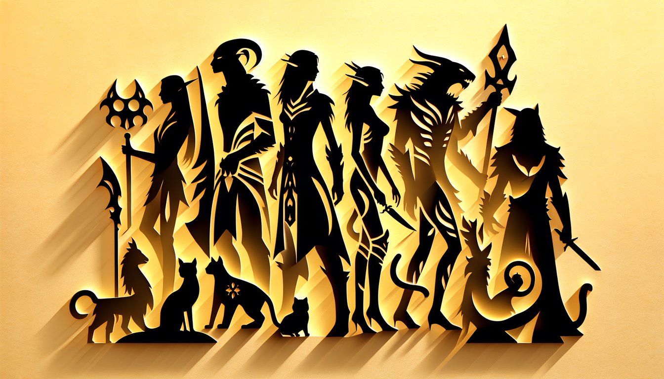 Paper art illustration for Skyrim race quiz on golden yellow background