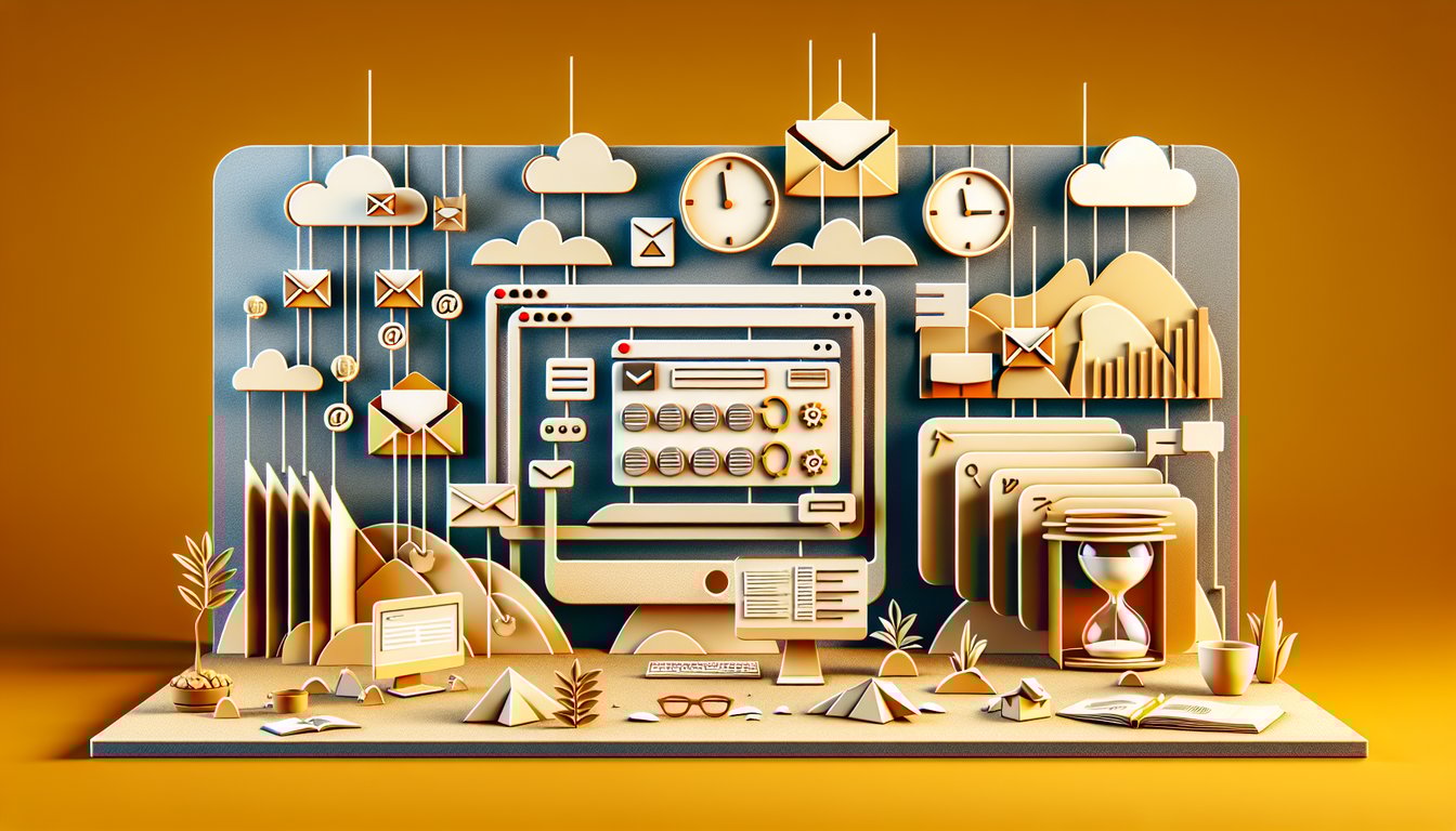 Paper art illustration for a coastal email Outlook expertise quiz on a golden yellow background