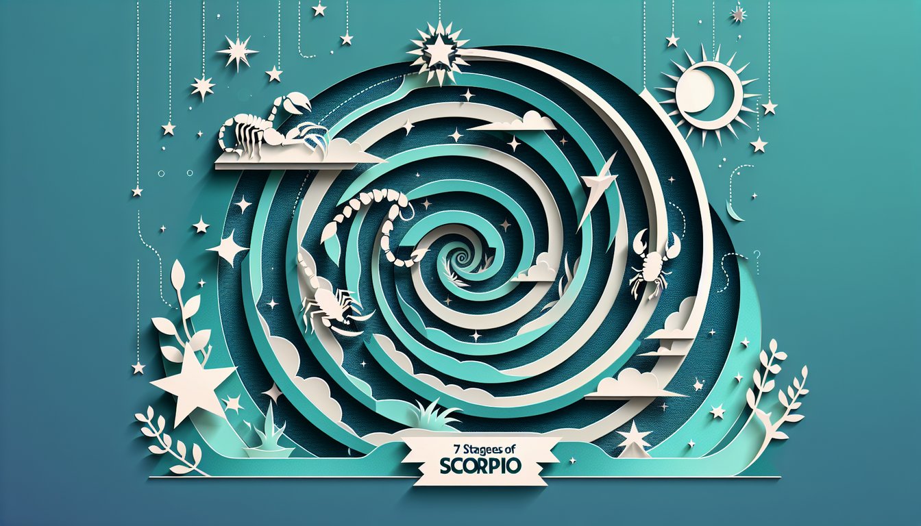 Paper art illustration for a Scorpio personality quiz on a teal background