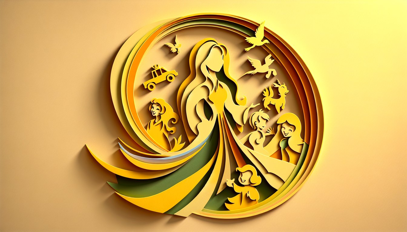 Paper art illustration showing layered cutout silhouettes of Disney moms and quiz title on golden yellow background