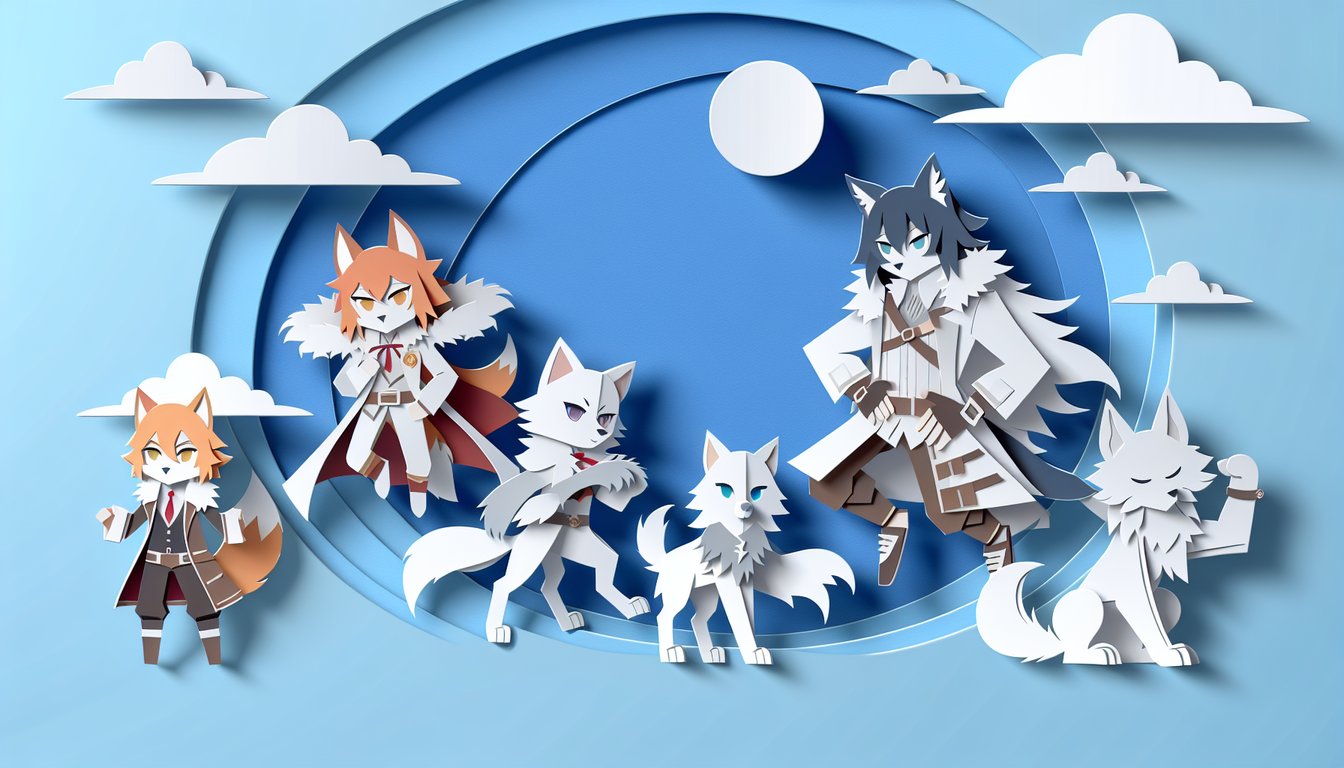 Paper art style anime wolf faces in layered paper-cut shapes on sky blue background with personality quiz title text