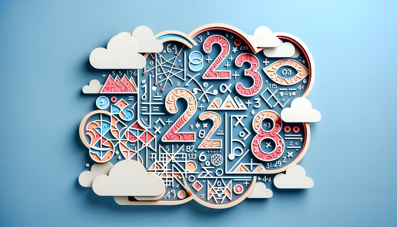 Paper art illustration for a math skills quiz on associative and commutative properties on sky blue background