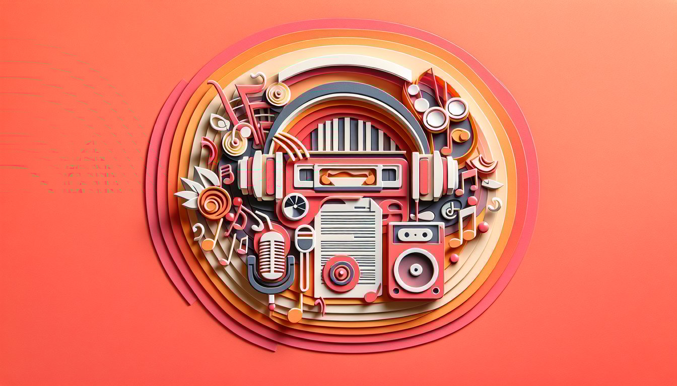 Paper-art music quiz illustration with vinyl record microphone headphones musical notes on coral background