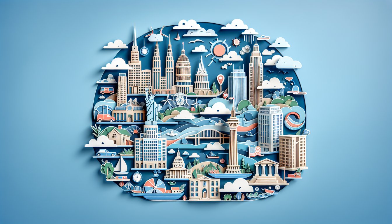 Paper art illustration for a quiz about finding your perfect US city on a sky blue background