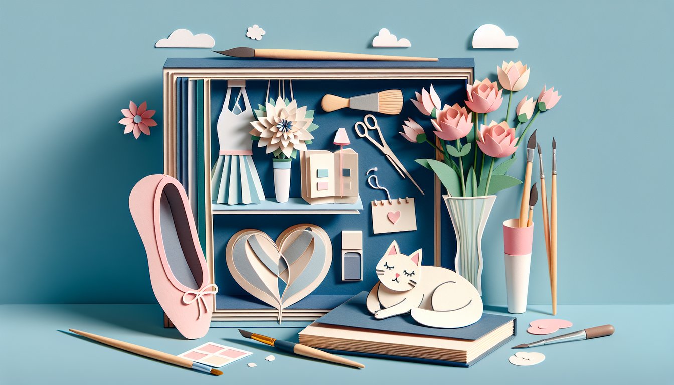 paper art illustration showing stylized girl profile hearts books lipstick question marks on sky blue background quiz invite