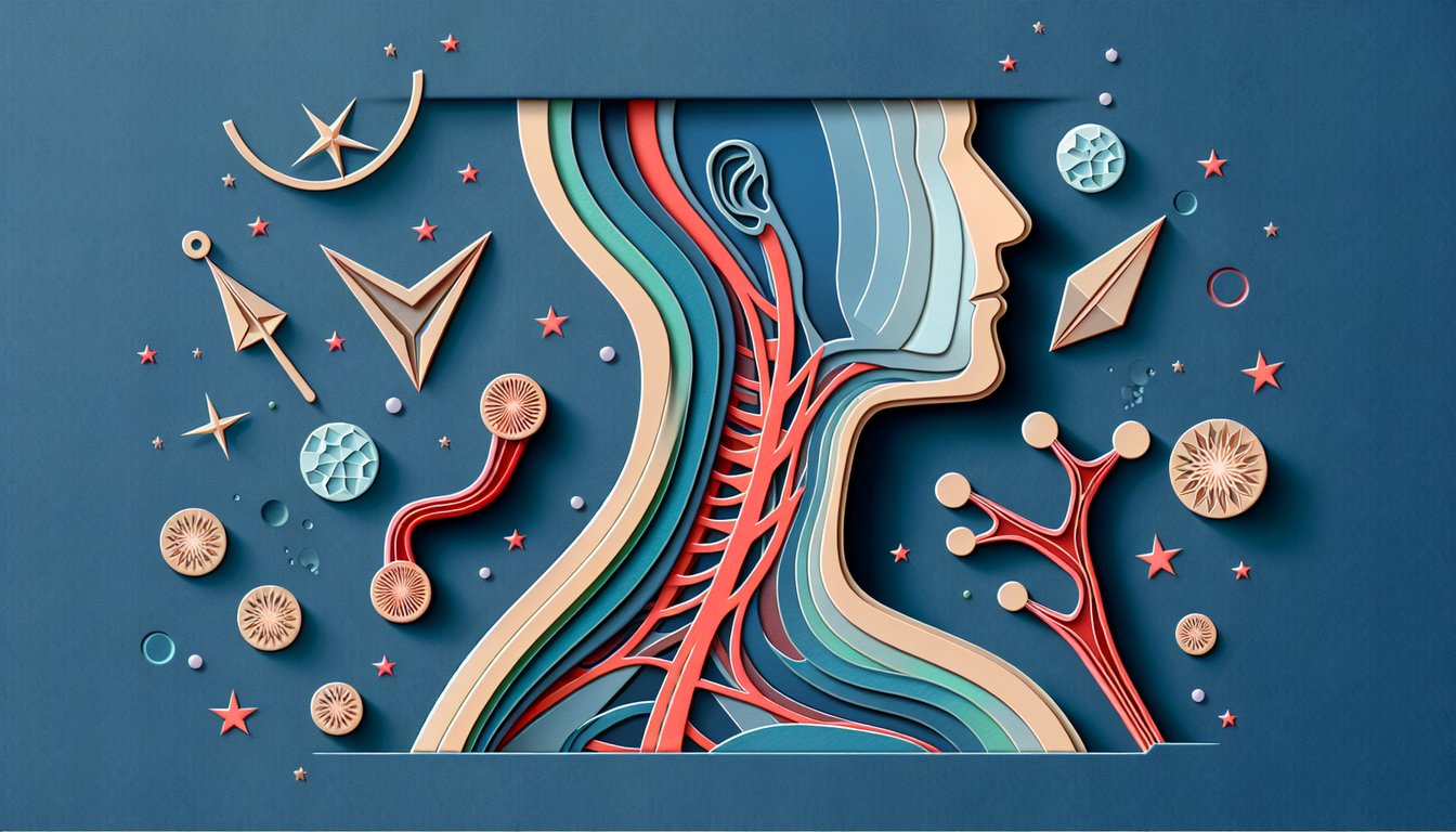 Paper cutout style neck anatomy with triangular regions and root landmarks on dark blue quiz banner