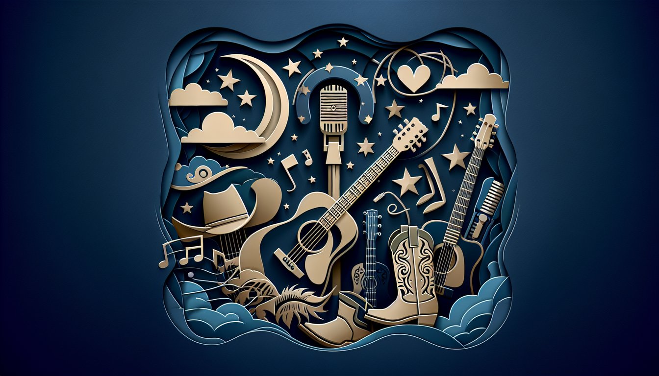Paper art style illustration of Miranda Lambert silhouette and song lyrics quiz text on dark blue background