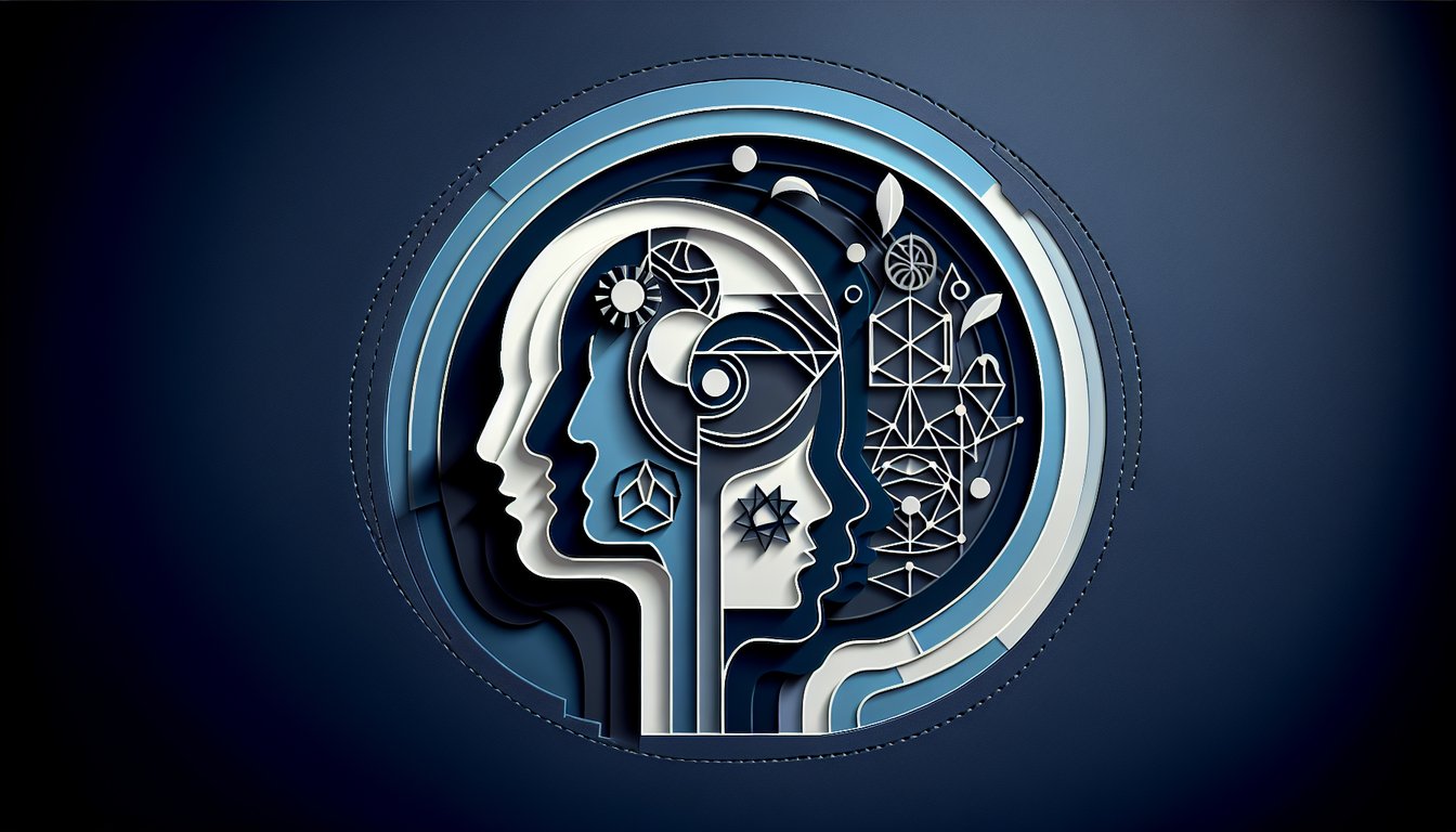 Paper art layered masks representing dark triad traits with quiz heading on dark blue background